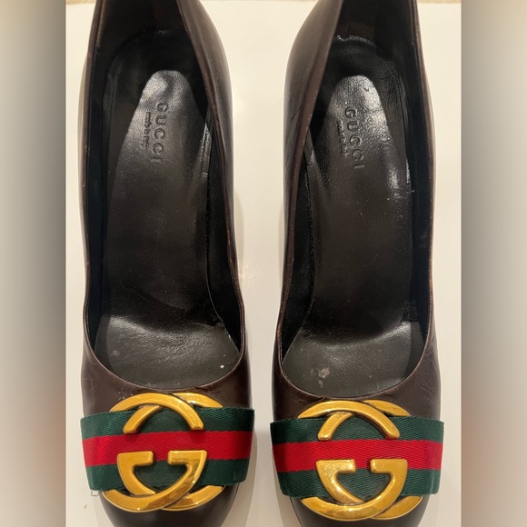 Gucci Brown Leather Signature Web Interlocking GG Buckle Heels - Picture 3 of 6